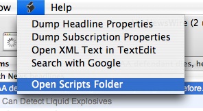 Image showing the menu in NetNewsWire showing scripts and folder link.